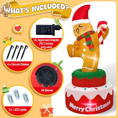 OurWarm 5FT Gingerbread Christmas Inflatable Outdoor Decoration - Rotating Santa Hat & Candy Cane