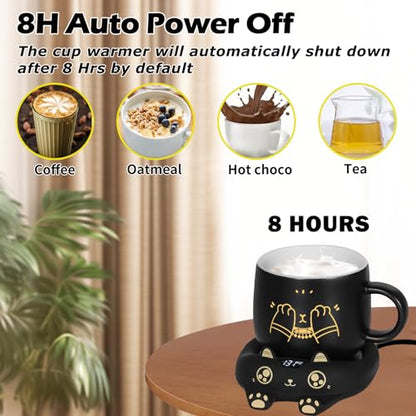 Ador Black Cat Mug & Coffee Warmer Set with Auto Shut Off - Cute Ceramic Mug & 3 Temp Settings