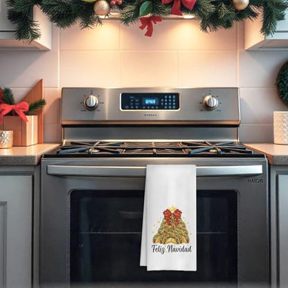 E Christmas Towels - Mexican Christmas Kitchen Towels for Taco Lovers, Red Bow Decor, 16x24 Inches