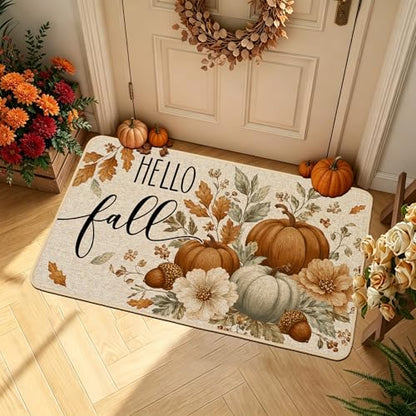 Hello Fall Pumpkin Doormat 17x29 Inch Indoor Outdoor Seasonal Welcome Rug