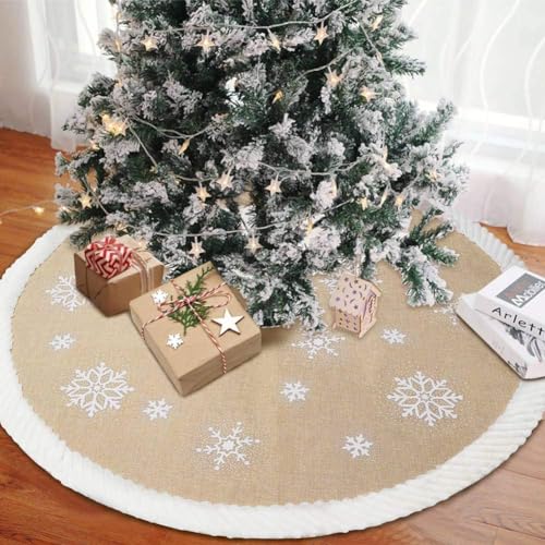 48 Inch Christmas Tree Skirt Burlap Snowflake Farmhouse Decor with Fur Edge