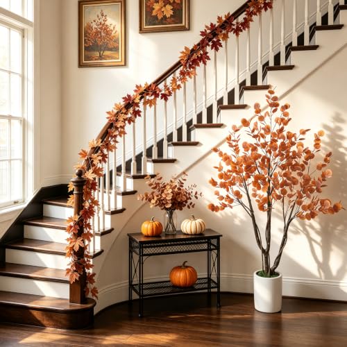 Artificial Fall Eucalyptus Tree 5FT - Indoor Outdoor Faux Tree with Natural Trunk - Fall Eucalyptus Variation