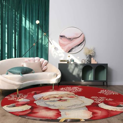 Christmas Round Area Rug 4ft Santa Claus Floor Carpet Washable & Stain-Resistant - Red Snowflake, Scarlet Variation