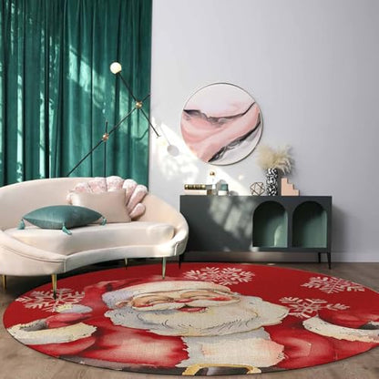 Christmas Round Area Rug 4ft Santa Claus Floor Carpet Washable & Stain-Resistant - Red Snowflake, Scarlet Variation