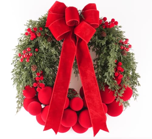 24-Inch Artificial Christmas Wreath with Velvet Balls and Bow - Front Door Decor