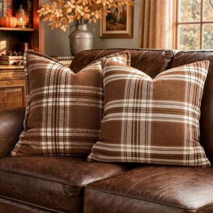 MIULEE Fall Plaid Pillow Covers 20x20 Inches Brown & White Set of 2 - Reversible Farmhouse Decor