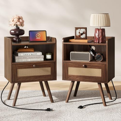 Superjare Nightstands Set of 2 with Charging Station, 11.8 x 15.9 x 23.4 Inches, Dark Walnut
