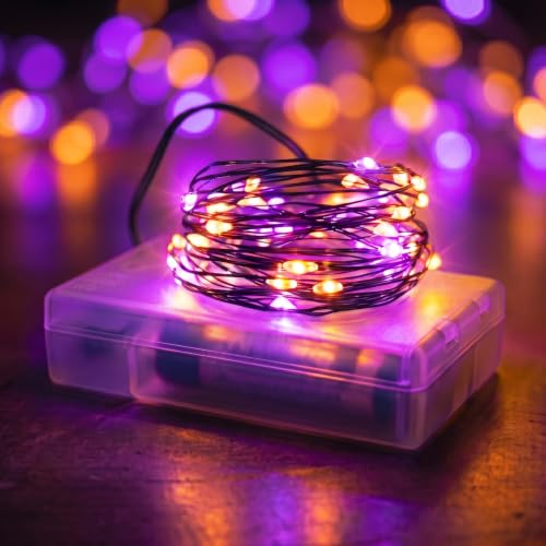 Halloween Fairy Lights with Timer - Orange & Purple Battery-Operated Mini String Lights