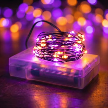 Halloween Fairy Lights with Timer - Orange & Purple Battery-Operated Mini String Lights