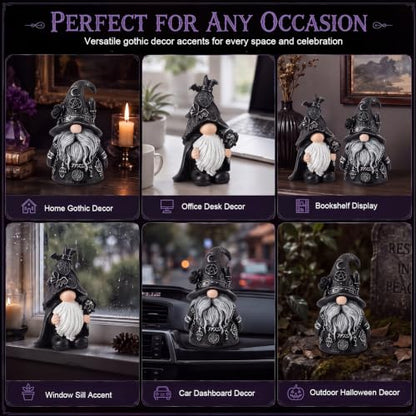 Gothic Gnome Statues Set - Halloween Witch and Bat Figurines for Dark Decor
