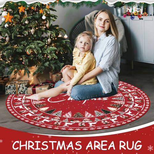 Christmas Round Area Rug 5ft Non-Slip Xmas Tree Carpet - Reindeer Red Variation