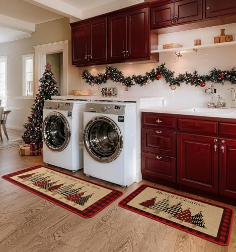 Christmas Kitchen Mat Set of 2 - Non Slip Holiday Rug with Christmas Tree Design, Red - 17x29 & 17x47 Inches