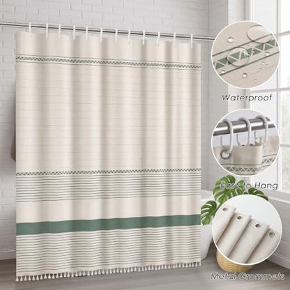 Sage Green Bathroom Set with Shower Curtain and Rugs - Farmhouse Boho Decor