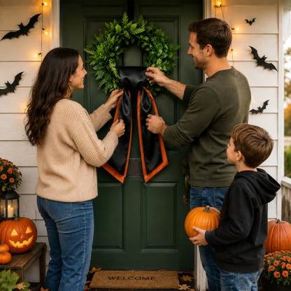 Halloween Wreath Sash Set - Black and Orange Satin Decor for Front Door