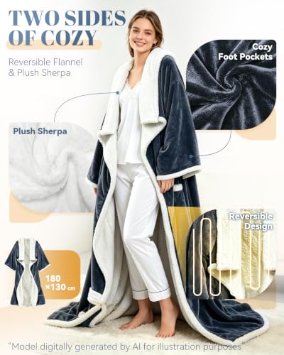 Wearable Heated Blanket with Hood and Foot Pockets - 1pcs