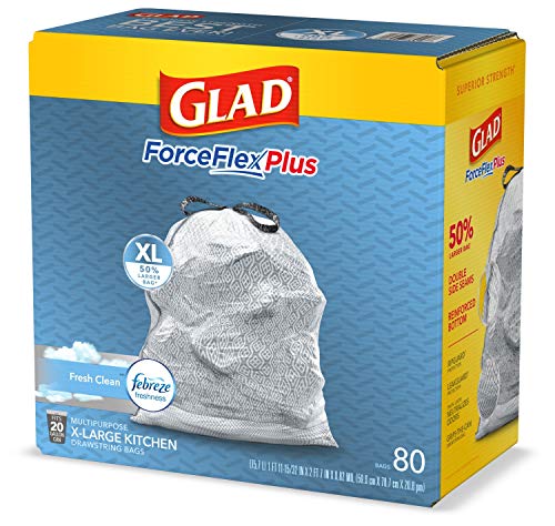 Glad Trash Bags, Force Flex Kitchen Pro Drawstring Garbage Bags, Fresh Clean, 80 Count