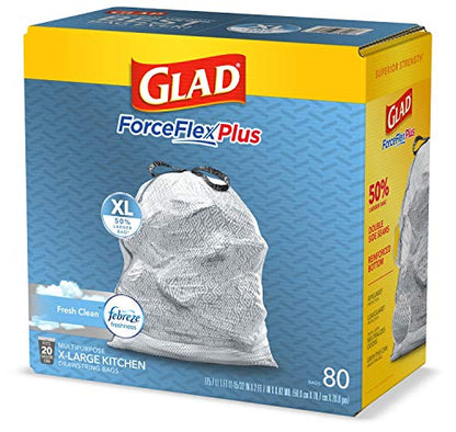 Glad Trash Bags, Force Flex Kitchen Pro Drawstring Garbage Bags, Fresh Clean, 80 Count