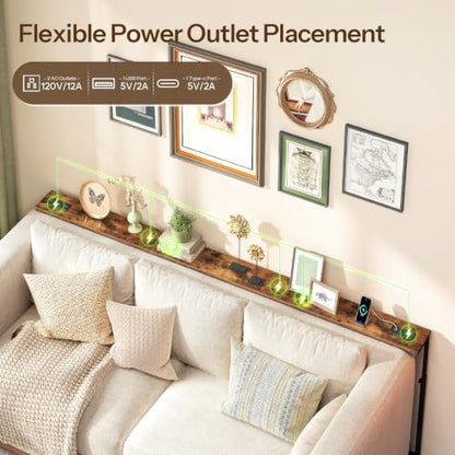 102.3 Inch Narrow Console Table Behind Couch with 5 Adjustable Heights, Built-in Charging Stations - Rustic Brown & Black