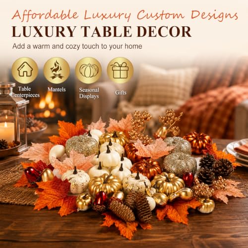 Fall Pumpkin Decor Set with Gold, Silver, White Artificial Pumpkins & Autumn Accessories - 52 Pieces