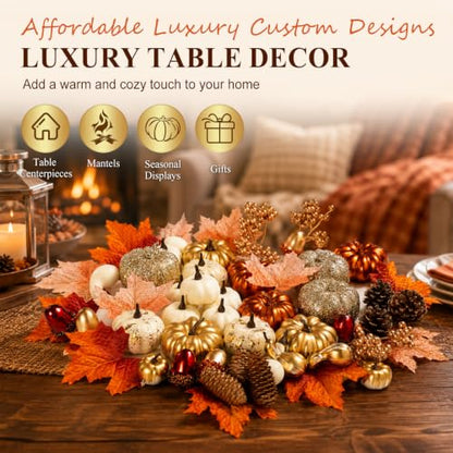 Fall Pumpkin Decor Set with Gold, Silver, White Artificial Pumpkins & Autumn Accessories - 52 Pieces