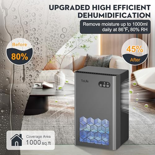 ToLife Grey Dehumidifier for 1000 Sq Ft with 95 oz Tank, Sleep Mode & Auto Shutoff