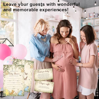 Winnie Baby Shower Invitations Set with Diaper Raffle & Book Request Cards