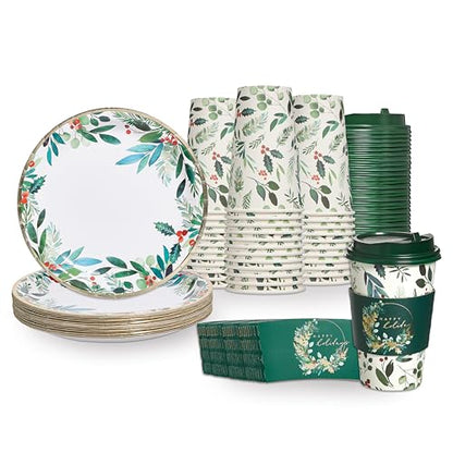 Papyrus Disposable Holiday Foliage Dinner Plates & Cups Set - Elegant Christmas Partyware