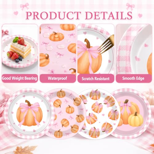 Pink Bow Pumpkin Paper Plates Set for Fall Thanksgiving Party - 48 Pieces