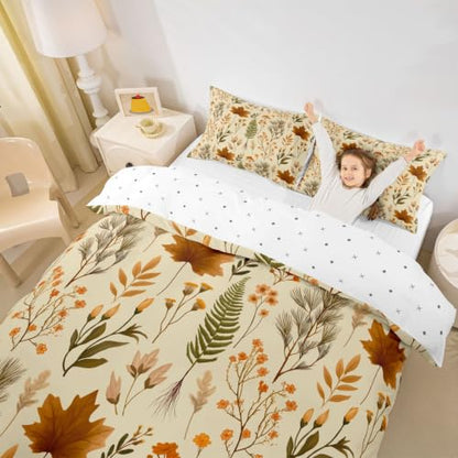 Manfei Fall Maple Leaf Kids Duvet Cover Set Queen Size Vintage Beige with Pillowcases