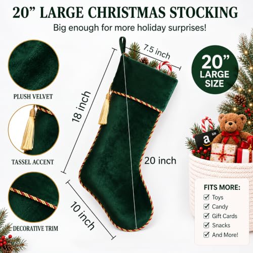 Green Velvet Christmas Stockings 3 Pack - 20 Inch Large Holiday Decor