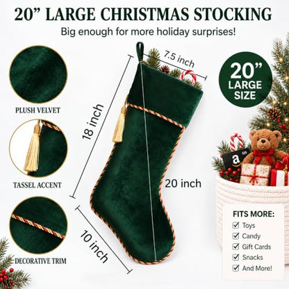 Green Velvet Christmas Stockings 3 Pack - 20 Inch Large Holiday Decor