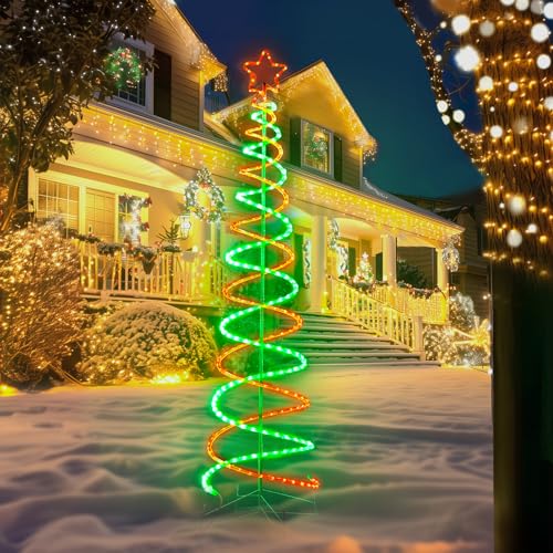 7ft Spiral LED Christmas Tree Lights - Green & Red, Multi-Mode, Outdoor Safe