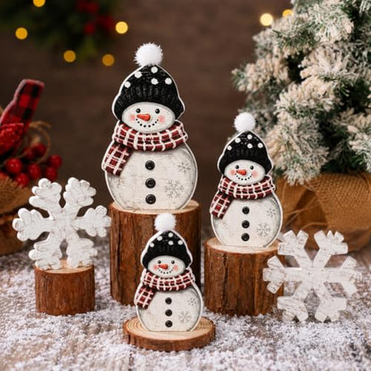 Snowman Christmas Table Decor Set - 5 Pcs Wooden Holiday Figurines with Snowflakes - Black, White, Red / Sweet Variation