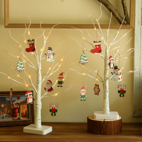Xmas Tree x2: Lighted Birch Mini Christmas Trees with 24 LED Lights, 22in - 2 Pack