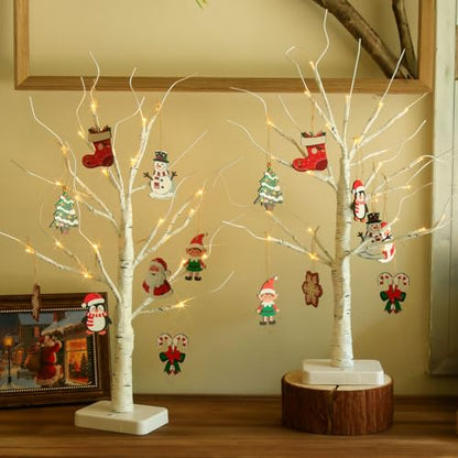 Xmas Tree x2: Lighted Birch Mini Christmas Trees with 24 LED Lights, 22in - 2 Pack
