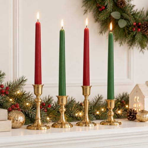 Christmas Red Green Taper Candles Set of 4 - 10 Inch Unscented Holiday Decor