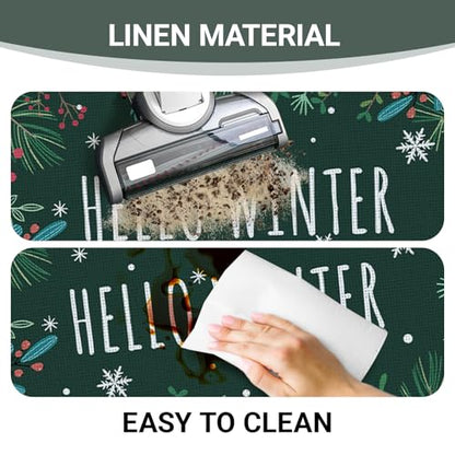 Hello Winter Green Kitchen Rugs Set of 2 - Botanical Pine Needle, Non-Slip Decor