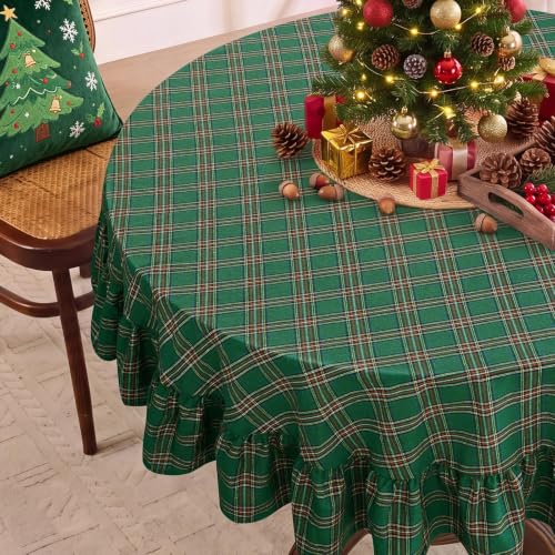 Romanstile Christmas Green Plaid Ruffled Round Tablecloth 70 Inch - Holiday Decor