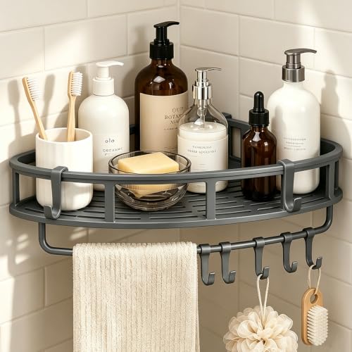 Corner Shower Caddy Hanging Rack - Rustproof Adhesive L-Shape Design - Gery 1 Pack