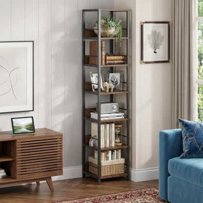75-Inch Tall Corner Shelf with 6 Shelves Rustic Brown Narrow Bookcase