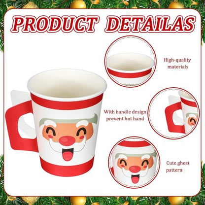 Santa Christmas Paper Coffee Cups with Handles - 100 Pcs