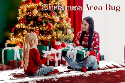 Christmas Area Rug 6x9 ft - Red Santa Sleigh Reindeer Winter Decor - Xmas04