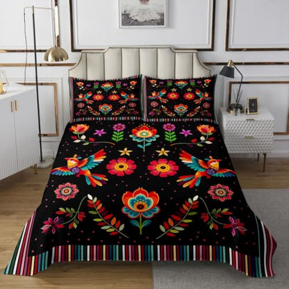 Mexican Talavera Floral Bedspread Set - Queen, Black & Red, 3 Pieces