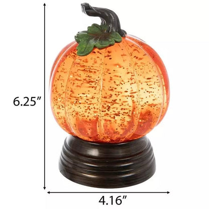 Lighted Pumpkin Snow Globe with LED Warm Orange Light, Gold Glitter Fall Decor