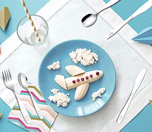 Kids Stainless Steel Flatware Set 6 Pieces - 3 Forks & 3 Spoons, Engraved Dog Bunny (Variation Stainless Steel+1)