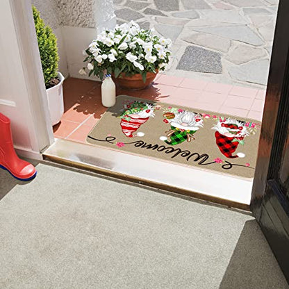 Christmas Doormat 17x29 Inch Buffalo Plaid Gnome Holiday Entryway Mat - Xmas 3 Gnomes Variation