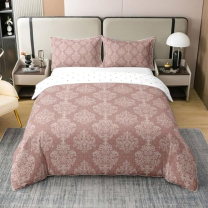 Vintage Damask Floral King Cotton Duvet Cover Set - Antique Pink Bedding