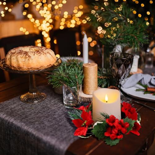 Christmas Candle Rings Set with Red Poinsettia and Pine Decor - 6 Pack