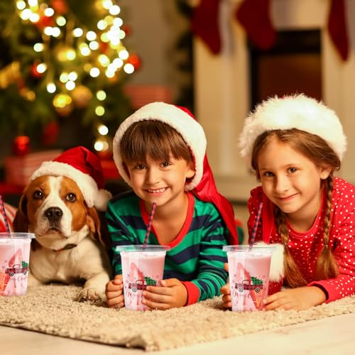 Christmas Party Disposable Plastic Cups with Lids and Straws - 50 Pack