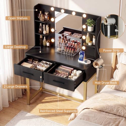 YESHOMY 31.5'' Small Vanity Desk with LED Mirror, Black - 3-Mode Lighting, Built-in USB/ outlets